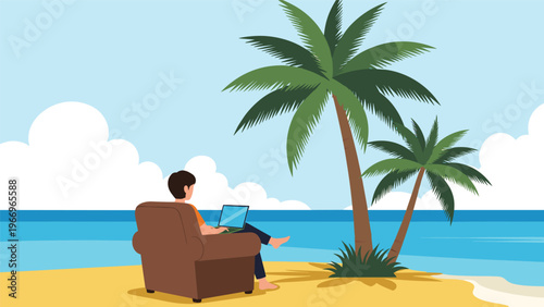 Man comfortably working on his laptop from an armchair on a beautiful tropical beach, surrounded by palm trees and the ocean, embodying remote work freedom.