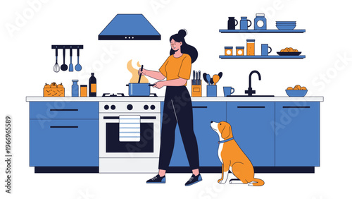 Woman cooking a meal in a contemporary kitchen, stirring a pot on the stove, with her loyal dog patiently sitting by her side.