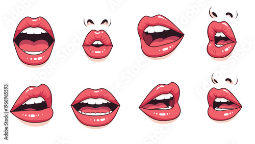 Comprehensive set of eight distinct female mouth and lip expressions, accurately depicting various emotions and communication gestures like talking and smiling.
