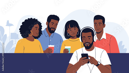 Young man engrossed in his smartphone with headphones on in the foreground, while a group of diverse friends socialize and chat in the background.