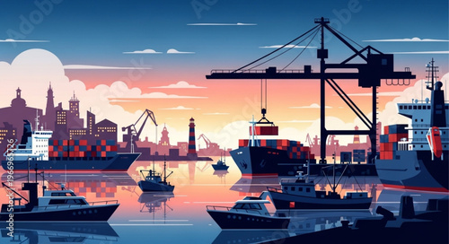 Busy Harbor Scene With Ships and Cranes at Sunset.