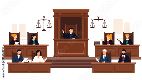 Detailed illustration of a busy courtroom environment, featuring a judge presiding, lawyers presenting arguments, and legal staff, symbolizing the justice system.