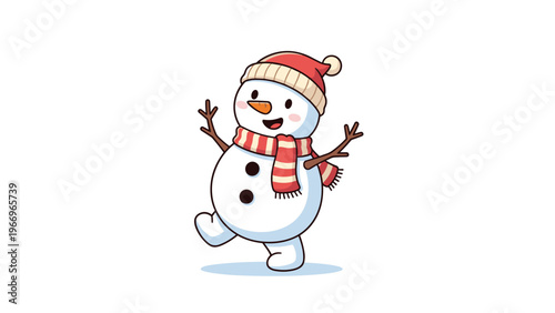 Adorable and cheerful cartoon snowman wearing a festive red knitted hat and a striped scarf, happily posing on a white background.