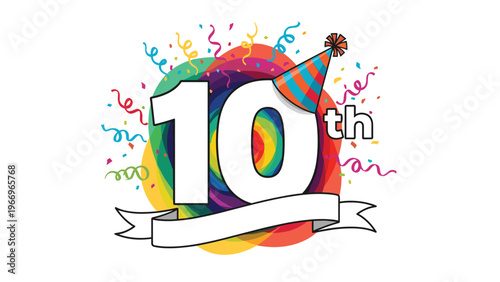 Vibrant and festive "10th" anniversary design, adorned with colorful confetti and a playful party hat, perfect for celebrating a decade of milestones.