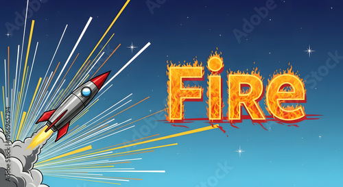 Rocket Launching with Fiery 'Fire' Text and Starburst Background