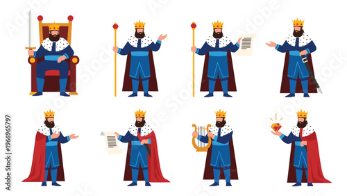 Comprehensive set of eight distinct illustrations depicting a regal king in various poses and with different royal attributes like a scepter, sword, and crown.