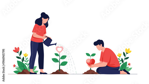 Loving couple nurtures their relationship, planting and watering heart-shaped plants, symbolizing growth, care, and a blossoming bond.