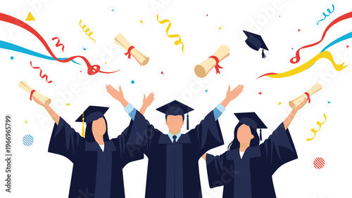 Happy group of graduating students joyfully celebrates, tossing their caps and diplomas into the air amidst a shower of colorful confetti.