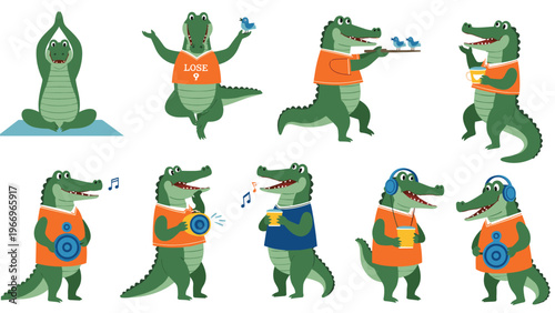 Amusing collection of cartoon alligators engaging in human-like activities such as yoga, losing weight, listening to music, and taking photos.