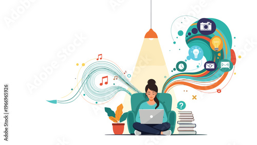 Creative woman sitting with a laptop, immersed in a flow of innovative ideas, music notes, and diverse app icons, symbolizing inspiration.