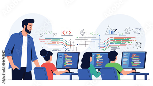 Male teacher supervises students actively coding on computers, surrounded by abstract representations of data flow and programming languages.