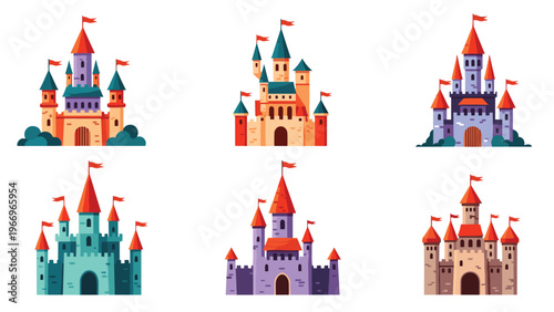 Enchanting collection of colorful fairytale castles, featuring various architectural styles and magical elements, perfect for fantasy stories.