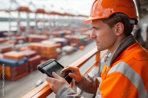 Worker checks tablet on container ship at port while containers are stacked behind him during day