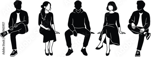 Diverse group of young people sitting silhouettes in minimalist black and white vector style