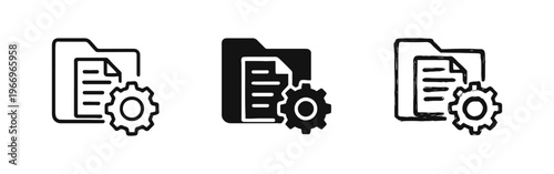 Folder and document with cogwheel icon set. File management and system settings illustration.
