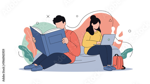 Two diligent students, one engrossed in a book and the other focused on a laptop, sitting back-to-back in a dynamic study environment.