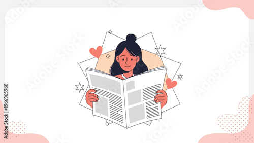 Happy woman contentedly reads a newspaper, surrounded by decorative hearts and stars, symbolizing enjoyment of news and personal interests.