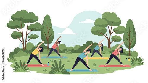 Diverse group of women practices invigorating yoga poses outdoors in a serene park, promoting health, wellness, and mindfulness.