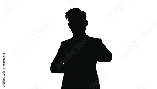 Male professional silhouette stands with hands adjusting clothing in a confident or thoughtful pose on white.