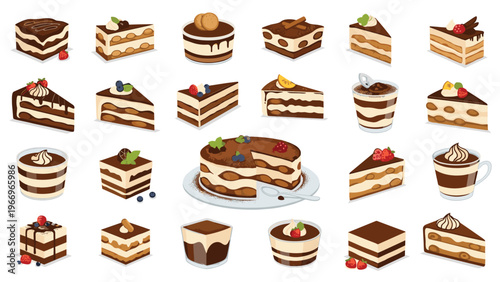 Extensive collection of delectable tiramisu desserts, presented in various forms including cake slices, whole cakes, and individual cups.