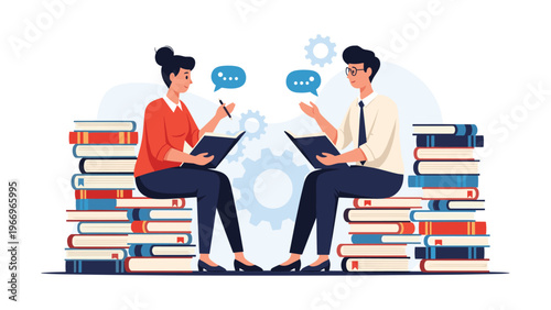 Two intellectual individuals, a man and a woman, sit atop towering piles of books, engaging in thoughtful discussion with speech bubbles and gears.