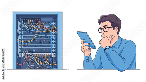 Focused IT technician wearing glasses reviews data on a tablet while standing beside a complex server rack, indicating network management or troubleshooting.