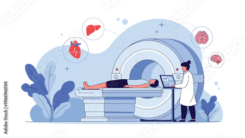 Patient undergoing an MRI scan, with a female doctor operating the machine and illustrating medical conditions like brain, liver, and heart health issues.