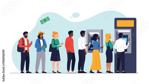 Diverse group of people patiently waiting in line at ATM machines to withdraw money or conduct banking transactions, illustrating financial services access.