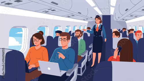 Flight attendant provides service and information to diverse passengers inside an airplane cabin, showcasing comfortable air travel and inflight experiences.