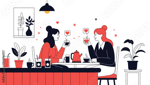 Two cheerful women sit at a cafe table, enjoying hot drinks and friendly conversation, symbolizing friendship, relaxation, and social connection in a cozy setting.