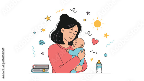 Loving mother gently cradles her sleeping newborn baby, surrounded by glowing stars, hearts, and sun, symbolizing maternal love, care, and peaceful moments.
