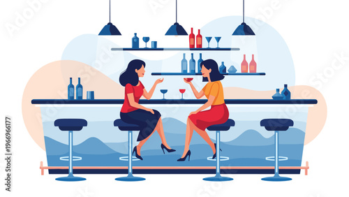 Two women casually sit at a modern bar, enjoying drinks and engaging in friendly conversation, representing social interaction and urban nightlife.