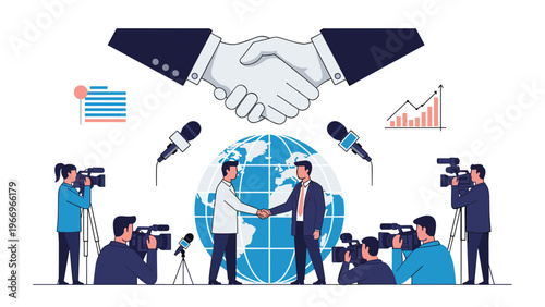 Businessmen shake hands in front of a global map, surrounded by journalists and cameras, representing international partnership, diplomacy, and media coverage at a conference.