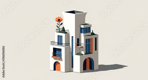 Stylized White Building with Orange Flower and Blue Windows.