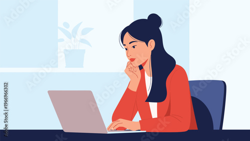 Focused young woman intently working on her laptop at a desk, showcasing concentration, productivity, and the modern work-from-home or office environment.