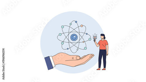 Woman holds a camera, capturing an atom with orbiting electrons displayed on a hand, symbolizing scientific research, technological innovation, and digital capture.