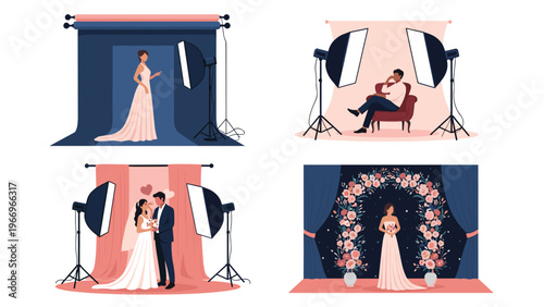 Collection of professional photoshoot scenes depicting models, a couple, and a bride in various studio settings with lighting equipment and themed backdrops for weddings and fashion.