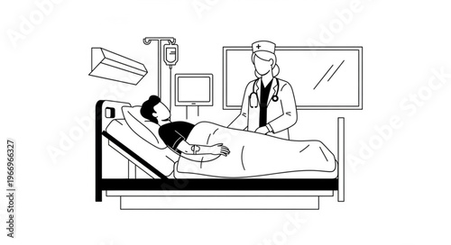 Doctor examining patient in hospital bed with IV drip.