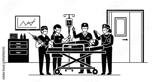 Medical Team Tending to Patient on Stretcher in Hospital Room.