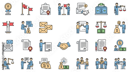 Comprehensive collection of vector icons depicting various aspects of business agreements, negotiations, contracts, and legal processes, perfect for corporate and legal themes.