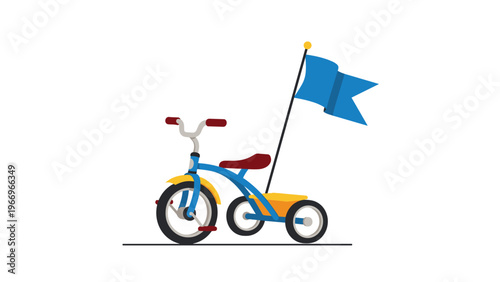 Colorful illustration of a child's tricycle with a bright blue flag attached, representing childhood, play, outdoor activity, and simple joys.