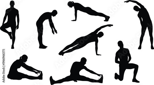 Fitness and yoga silhouette bundle featuring people performing stretching exercises plank poses and workout routines isolated on white background vector illustration