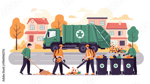 Dedicated city sanitation workers wearing uniforms and using various tools like brooms and leaf blowers, diligently clean streets, collecting trash and leaves beside a garbage truck.