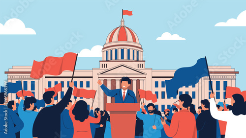 Political leader delivers a passionate speech from a podium in front of a grand government building, surrounded by an enthusiastic crowd waving flags, symbolizing public rally and democracy.