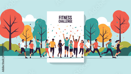 Diverse group of enthusiastic people joyfully running in a park, celebrating a fitness challenge completion, surrounded by colorful confetti and autumn trees.