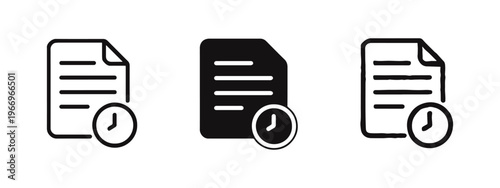 Document with clock icon set. Time-related file management and scheduled task symbol.