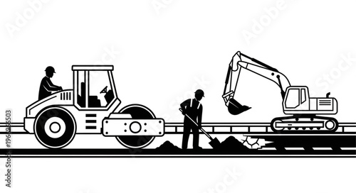 Construction workers operate heavy machinery on road repair project.
