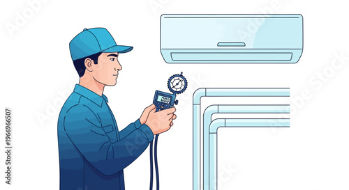 An air conditioning technician in a blue uniform uses a gauge to check the air conditioner unit and pipes on a clean white background, conveying a sense of maintenance and repair service.