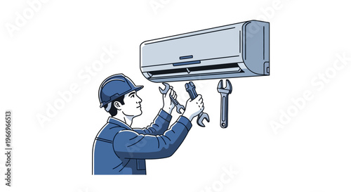 An air conditioning technician in a blue uniform repairs an air conditioner unit with tools, depicted in a vector illustration style on a clean white background.