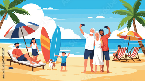 Happy multi-generational family enjoys a sunny beach holiday, taking selfies and relaxing under palm trees, with surfboards nearby, symbolizing leisure and togetherness.